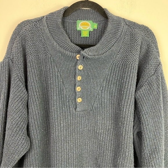 Cabelas Mens Henley Sweater Blue Crew Neck Ribbed Long Sleeve Buttons L - Picture 2 of 8